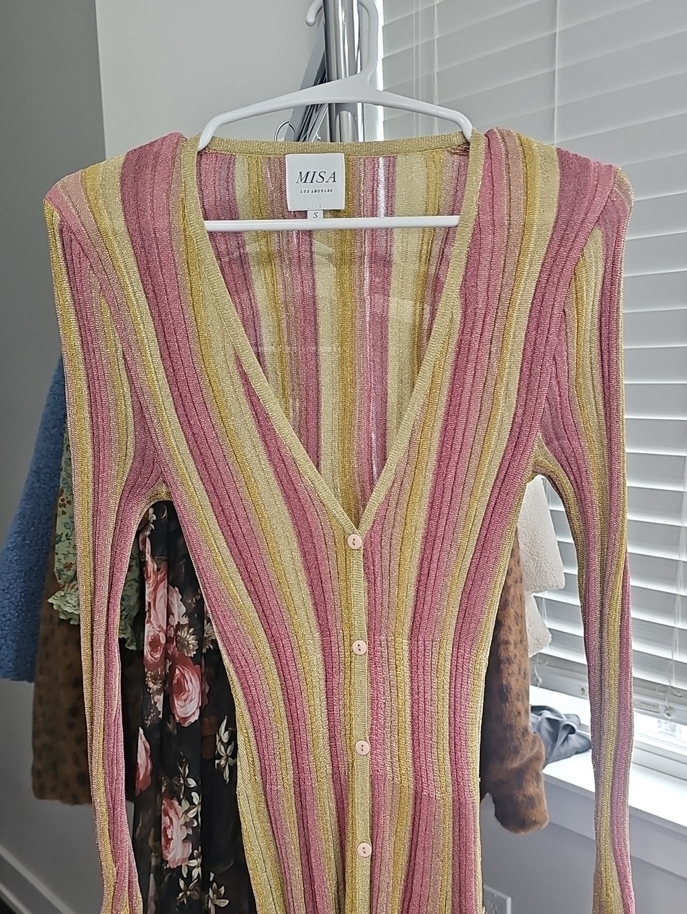 Misa Los Angeles Pink and Yellow Ribbed Button-Front Cardigan